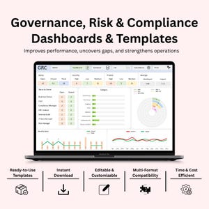 May include: A laptop displays a GRC dashboard with data visualizations. The screen shows charts, graphs, and tables related to governance, risk, and compliance. Text at the top reads "Governance, Risk & Compliance Dashboards & Templates". Below are icons for templates, download, customization, compatibility, and efficiency.