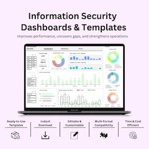 Puede incluir: Una computadora portátil que muestra un panel de seguridad de la información con gráficos. La pantalla muestra visualizaciones de datos, incluidos gráficos circulares y gráficos de barras. El texto en la pantalla dice "Information Security Dashboards & Templates". Debajo de la computadora portátil hay iconos y texto: "Ready-to-Use Templates", "Instant Download", "Editable & Customizable", "Multi-Format Compatibility" y "Time & Cost Efficient".