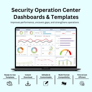 Könnte beinhalten: Ein Laptop zeigt ein Dashboard für ein Sicherheitsoperationszentrum mit Diagrammen und Grafiken. Der Bildschirm zeigt Datenvisualisierungen, einschließlich Liniendiagrammen und Kreisdiagrammen. Darunter Symbole mit Text: Fertige Vorlagen, Sofort-Download, Bearbeitbar & Anpassbar, Multi-Format-Kompatibilität.