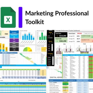 Può includere: Un toolkit di marketing digitale con un'icona di Excel e il titolo "Marketing Professional Toolkit". L'immagine mostra vari grafici e tabelle di dati relativi alle prestazioni della campagna, al budget e alla portata.