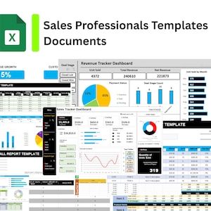 Puede incluir: Una colección de plantillas y documentos de ventas, que incluyen rastreadores de ingresos, informes de ventas y paneles. La imagen presenta gráficos y tablas de datos con el texto "Sales Professionals Templates & Documents". La combinación de colores incluye verde, azul y blanco.
