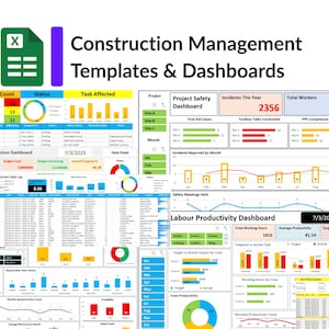 Könnte beinhalten: Digitalgrafik mit Vorlagen und Dashboards für das Baumanagement. Das Bild zeigt verschiedene Diagramme und Datenvisualisierungen, darunter Projektsicherheits-Dashboards, Vorfälle und Kennzahlen zur Arbeitsproduktivität. Der Text "Construction Management Templates & Dashboards" ist deutlich sichtbar.