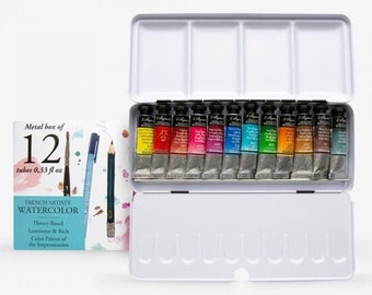 Sennelier Watercolour Paint Set of 12 x 10ml tubes in Metal Box, Sennelier Artist Grade Watercolor Paint Set, BRAND NEW