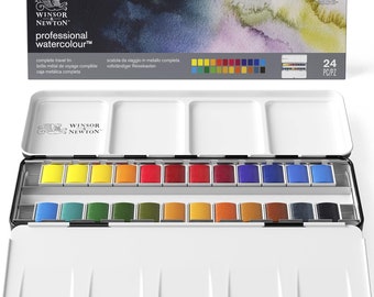 Juego de 24 medias bandejas de acuarela profesional Winsor & Newton en caja de metal liviana, 24 unidades de bandejas de acuarela profesionales de calidad artística