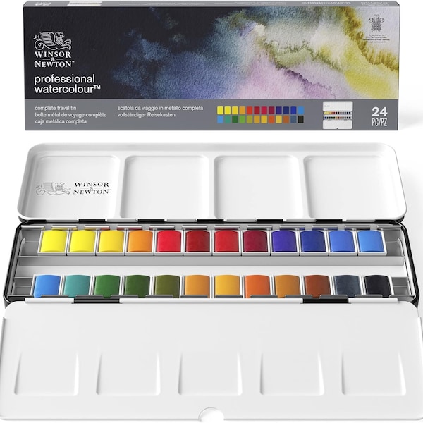 Winsor & Newton Professional Watercolour 24 Half Pan Set in Lightweight Metal Box, 24 Set Artist Grade Professional Watercolour Pans