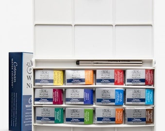 Winsor & Newton Cotman FULL PAN Watercolour Set, 12 Full Pans plus Pocket Brush, Painting Box Set