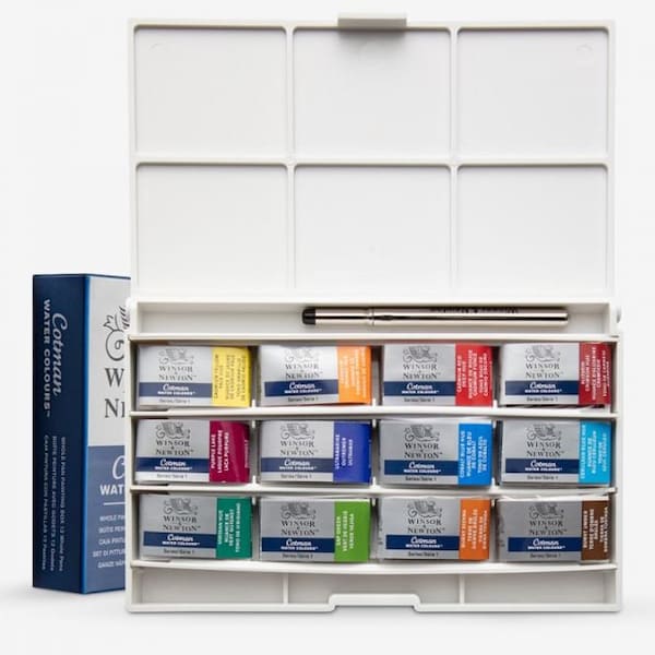 Winsor & Newton Cotman FULL PAN Watercolour Set, 12 Full Pans plus Pocket Brush, Painting Box Set