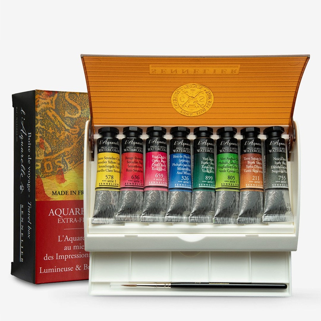 Sennelier Watercolour : Travel Box Set Of 14 Half Pans & Brush