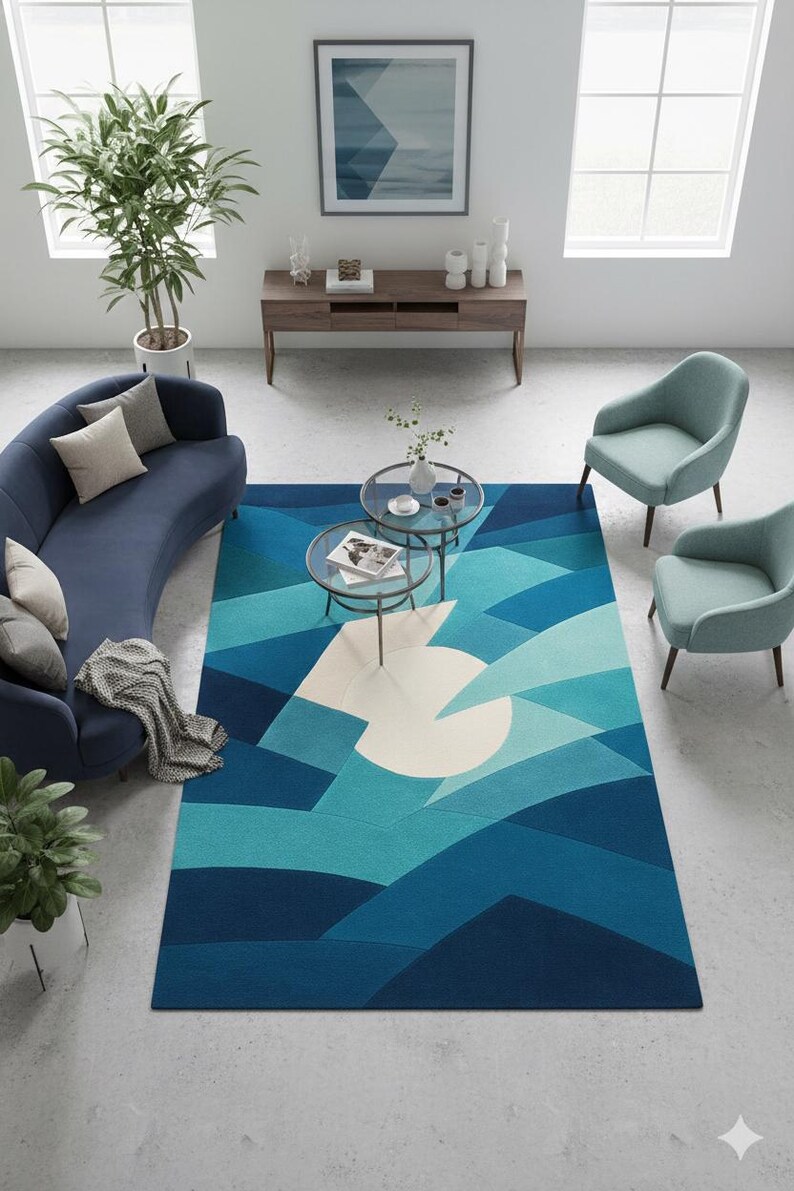 Modern Abstract Blue Geometric Rug, Hand Tufted Wool Area Rug ...
