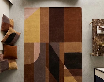 Modern Earth-Tone Geometric Rug | Brown Mustard Abstract Carpet | Contemporary Living Room Decor | Hand-Tufted Soft Area Rug | Custom Sizes