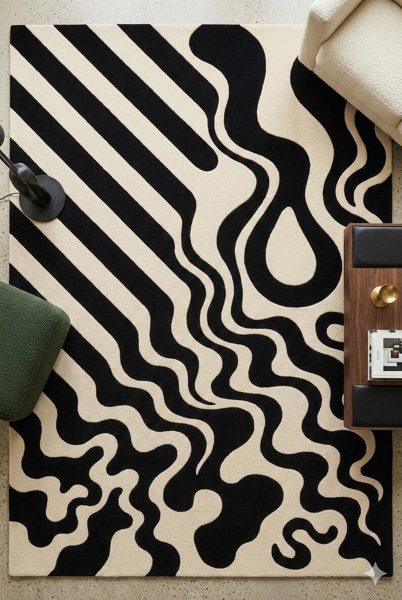 Modern Abstract Black & Cream Area Rug | Bold Wavy Line Design Carpet ...