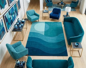 Modern Abstract Blue Geometric Rug, Hand Tufted Wool Area Rug, Wave Pattern Teal Floor Carpet for Living Room Bedroom
