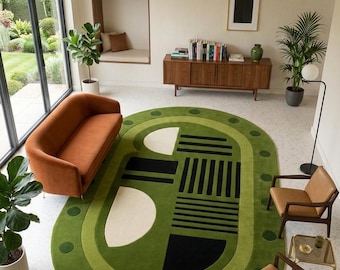 Modern grön abstrakt tuftad matta | Geometrisk konstmatta för vardagsrum | Unik designermatta | Handgjord specialdesignad modern inredning