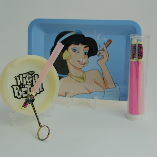 Her Highness 4 Piece Set Version 2 - Rolling Tray w/ Cigarette Holder Ring and Glowing Preroll Cones + Ashtray