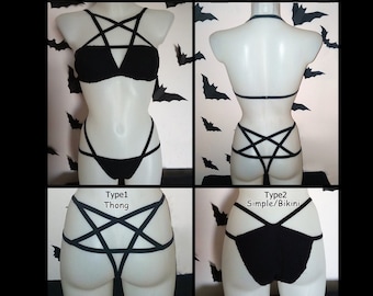 Lingerie set - Black Goth Pentagram Lingerie Thong or Simple bottom