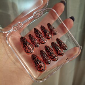 Hand painted black and red gothic unique press-on nails 10pcs