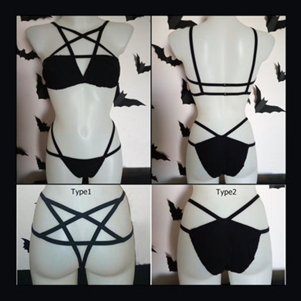 Bikini - Black Goth Pentagram Bikini Maillot de bain String ou Bas simple