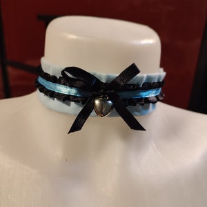 Black and blue ddlg collar choker with ruffled satin ribbon, and little silver heart pendant charm