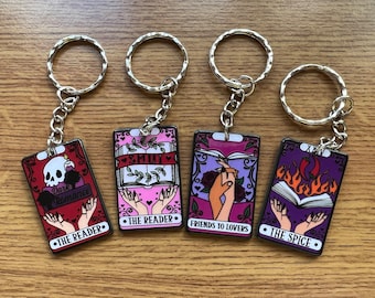 Book Themed Tarot Card Keychains. Bookish-Reading-Tropes Gifts.