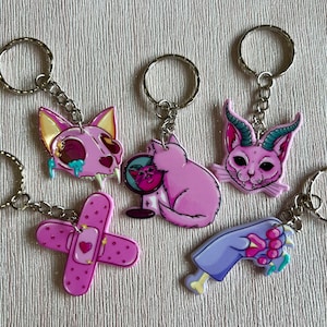 Creepy Cat, Pink Pastel, Goth, Kawaii, Scary, Keychains.