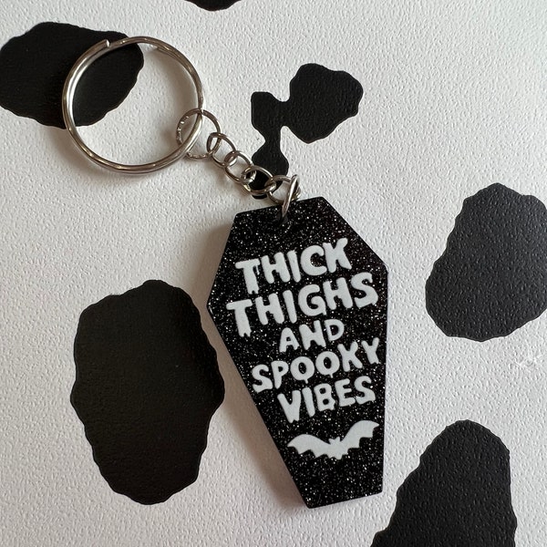 Thick Thighs & Spooky Vibes, Glitter Coffin Keychain.