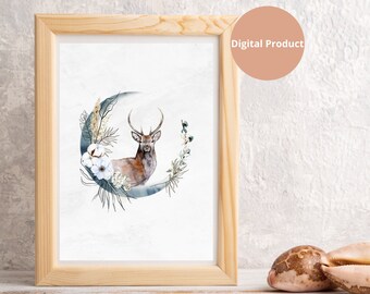 Boho Animal Wall art, Boho Wall Art, Digital Print, Boho decor, Stag
