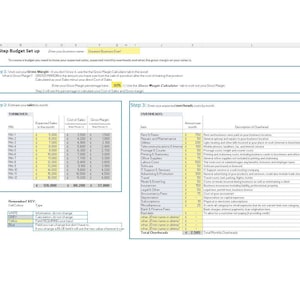 May include: A three-step budget setup process for a business. The image shows a spreadsheet with three sections: Step 1, Step 2, and Step 3. Each section has a table with headings and data. The spreadsheet is titled "3 Step Budget Set up".
