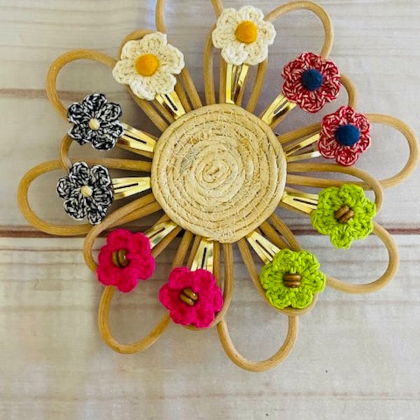 Black, Daisy, Lime Green, Red, and Varigated Red and Blue Crochet Flower  hair clips