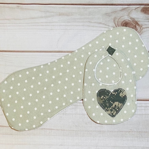 Grey and White Polka Dot Baby Bib and Burb Cloths embellished with repurposed and upcycled army uniforms