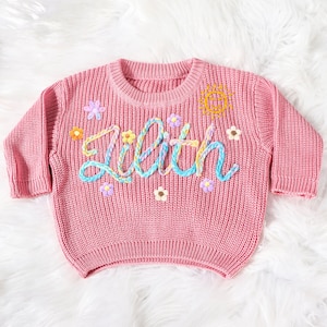 Personalized Hand Embroidered Name Baby Sweater,Custome Baby Name Sweater,Pink Baby Girls Sweater With Name,Birthday Gift For Baby Boy Girl