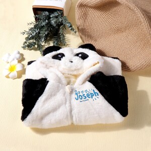 May include: A white and black panda-themed hooded jacket with a zipper closure. The jacket features a panda face on the hood and black accents on the sleeves. The name "Joseph" is printed in blue on the front.