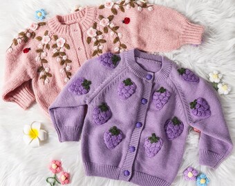 Personalised Handmade Embroidered Girl Cardigans, Girls Name Cardigan Sweater, Handmade Knitted Baby Cardigans, Customized Baby Gil Gifts