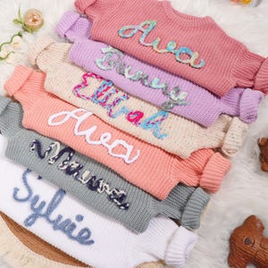 Personalized Baby Girl&#39;s Sweater with Hand-Embroidered Name and Monogram - A Heartwarming Gift from Aunt