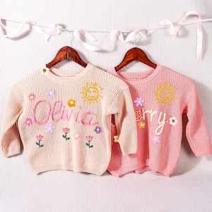 Personalized Hand Embroidered Name Baby Sweater,Custome Baby Name Sweater,Pink Baby Girls Sweater With Name,Birthday Gift For Baby Girls Boy