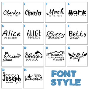 May include: A grid of fourteen black and white text samples showcasing various font styles. Each sample features a name and a date. The bottom right corner displays the words "FONT STYLE" in blue.