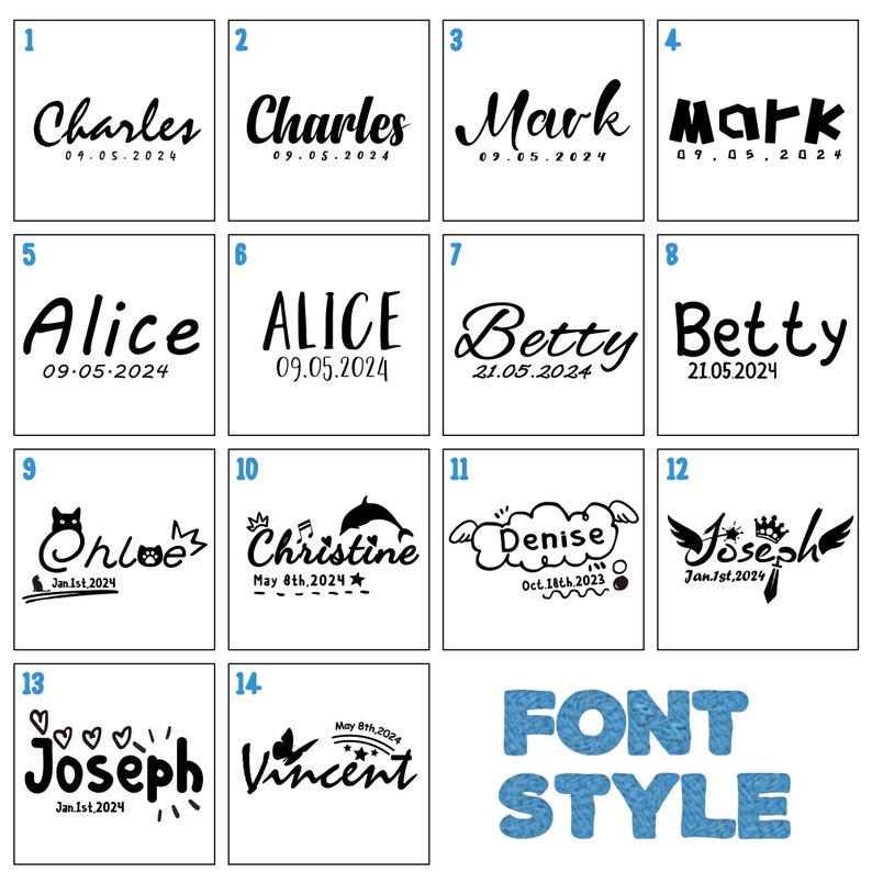 May include: A grid of fourteen black and white text samples showcasing various font styles. Each sample features a name and a date. The bottom right corner displays the words "FONT STYLE" in blue.