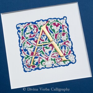 White Vine Illuminated Letter. Hand painted and hand gilded with 24k gold leaf.