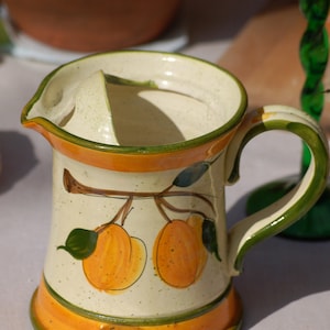 1960s Vintage Provencal Carafe, hand-painted ceramic pitcher from Provence, France, apricot decoration,  French Pottery