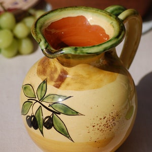 Vintage Provencal Carafe, hand-painted ceramic pitcher from Provence, France, olive branch decoration,  French Pottery