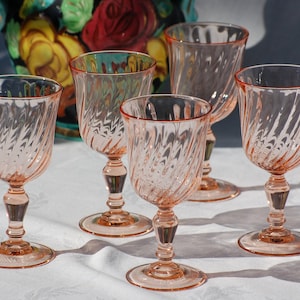 Vintage pink wine glasses from France, French wine glasses, rosaline glasses,  70s French barware, pink glass set, French gift,