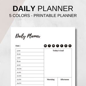Puede incluir: Un planificador diario imprimible con un diseño en blanco y negro. El planificador incluye secciones para "Objetivo del día", "Mañana" y "Tarde".