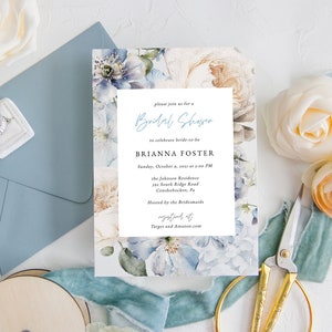 Dusty Blue Bridal Shower Invitation Template, French Blue Wedding Shower Invite, Botanical, Couples Shower Invite, Instant Download, RC0330