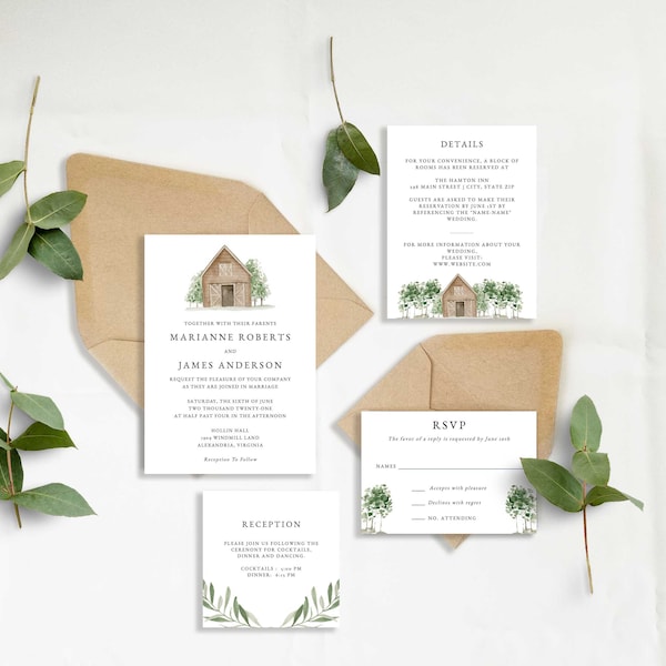 Barn Wedding Invitation Template, Printable Rustic Barn Wedding Invitation, Fully Editable, Instant download, RC0108