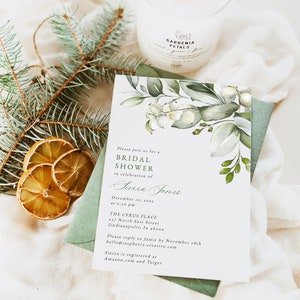 Winter Bridal Shower Invitation Template, Christmas Bridal Shower, Winter Greens Invitation, green and white Invite, Boho Wedding, RC0272