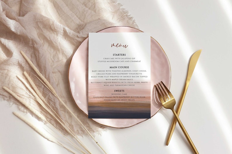 Earth Tone Wedding Reception Menu Card, Minimalist Dinner Menu Card for Wedding, Fully Editable, Terra Cotta, Instant Download, RC0274 image 1