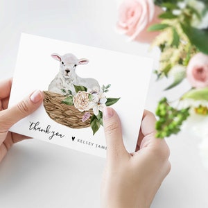 Little Lamb Baby Shower Thank You Card Template,Lamb  Printable Baby Shower, Spring Flowers, Fully Editable, Instant Download, RC0148