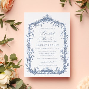 Dusty Blue Bridal Shower Invitation Template, French Blue Wedding Shower Invite, Botanical, Couples Shower Invite, Instant Download, RC0324