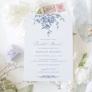 Dusty Blue Bridal Shower Invitation Template, French Blue Wedding Shower Invite, Botanical, Couples Shower Invite, Instant Download, RC0324