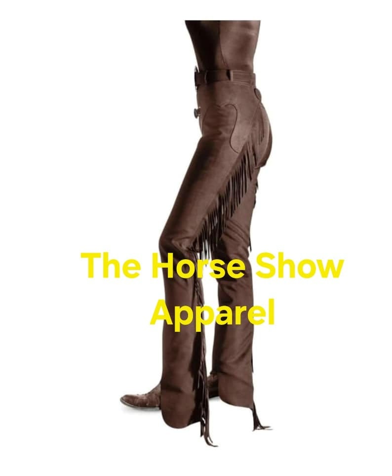 May include: Brown leather riding breeches with fringe detail. The Horse Show Apparel logo is visible on the image.