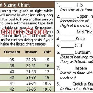 May include: A standard sizing chart for pants with a diagram showing how to measure different parts of the leg, including hip, upper thigh, mid thigh, knee, calf, outseam, inseam, and crotch to knee. The chart includes measurements in inches for junior, X-small, small, medium, large, and X-large sizes.